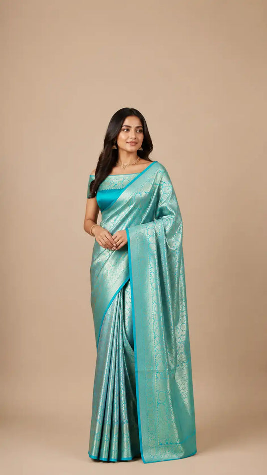 Turquoise Pure Katan Silk Banarasi Handloom Saree - Tanchui Brocade