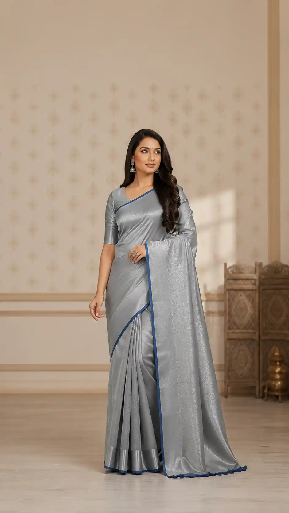 Modern wear Banarasi Tissue Silk Saree in Silver for Wedding & Smart Wear over any occassion