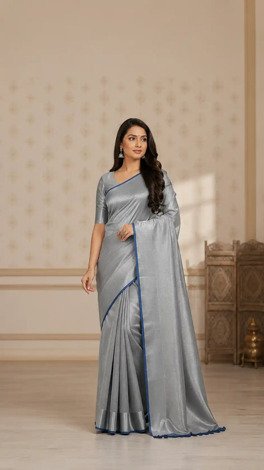 Modern wear Banarasi Tissue Silk Saree in Silver for Wedding & Smart Wear over any occassion