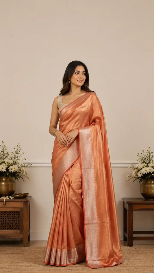 Nayanthara Tissue Silk Saree | Orange Golden Banarasi Tissue | Wedding & Celebrity Style Saree