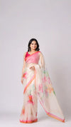 Floral Organza Saree | Pink Printed Ready to Wear Saree | Lightweight Organza with Contrast Border | Designer Floral Symphony Saree
