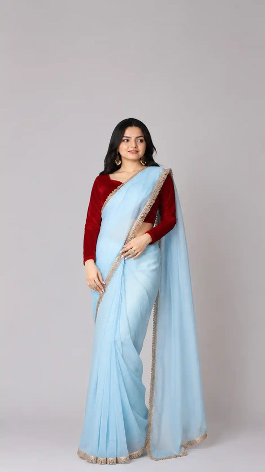 Beautiful Blue lace trimmed Viscose Organza| Ready to Wear