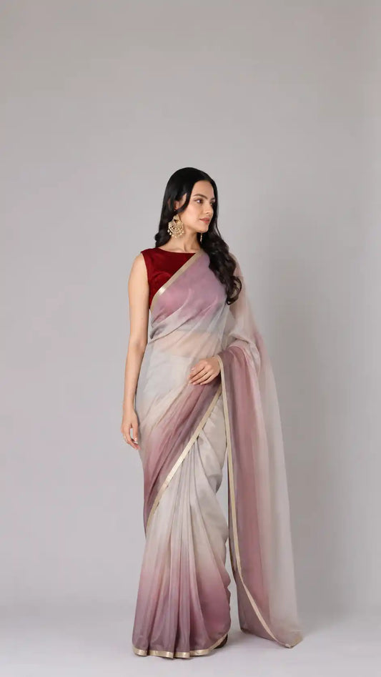 Lace Trimmed Viscose Organza Saree | Scalloped Border | Party & Casual Wear