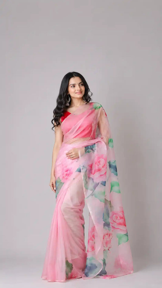 Rose Romance Lightweight Organza Saree | Floral Print Showstopper