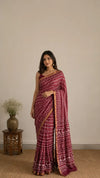 Cotton Kota Doria Saree - Maroon Traditional Print with Gold Border