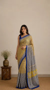 Cotton Kota Doria Saree – Mustard Yellow Prints with Royal Blue Border