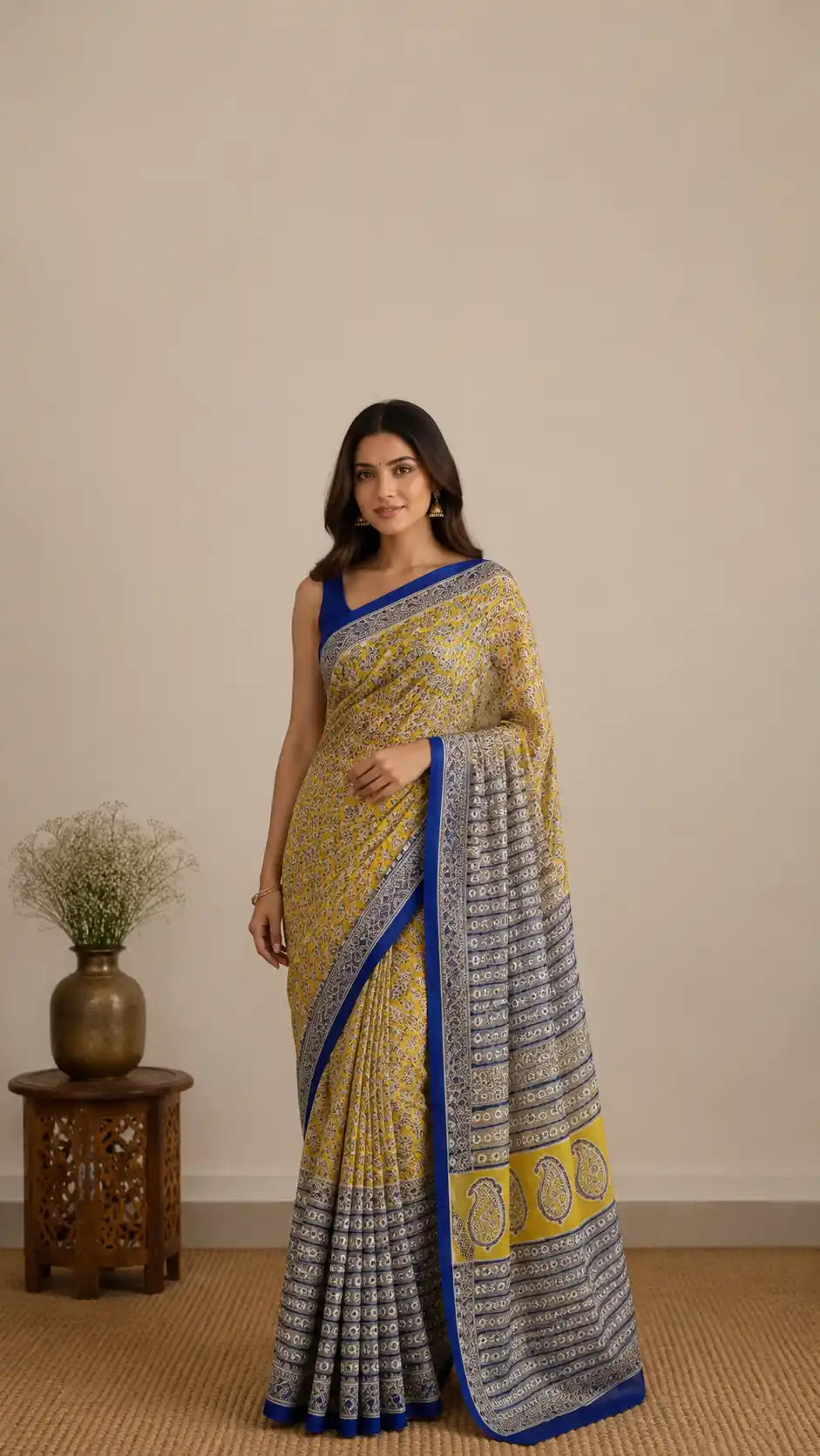 Cotton Kota Doria Saree – Mustard Yellow Prints with Royal Blue Border