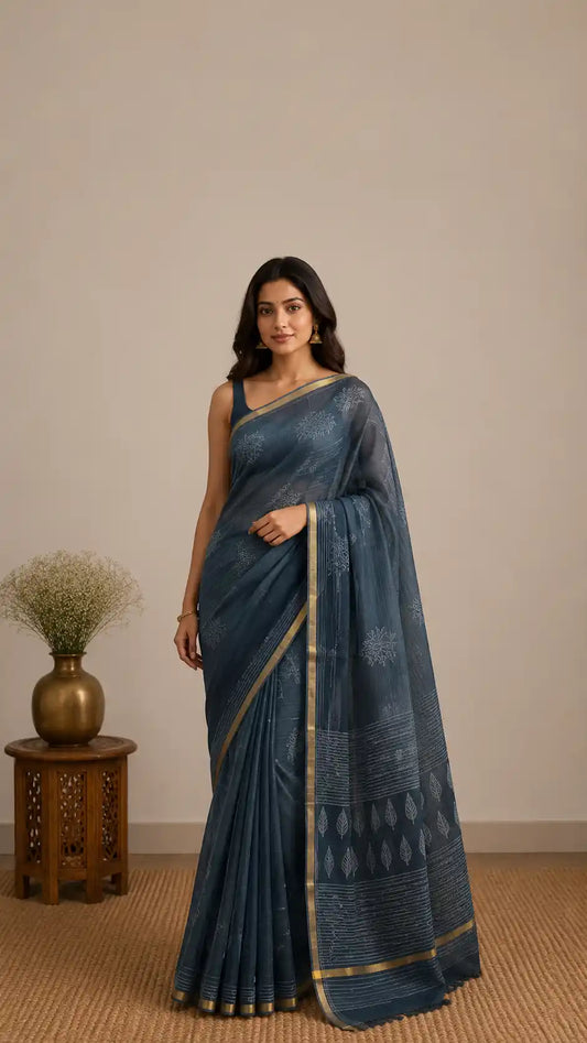 Cotton Kota Doria Saree – Charcoal Grey Stripes with Gold Border