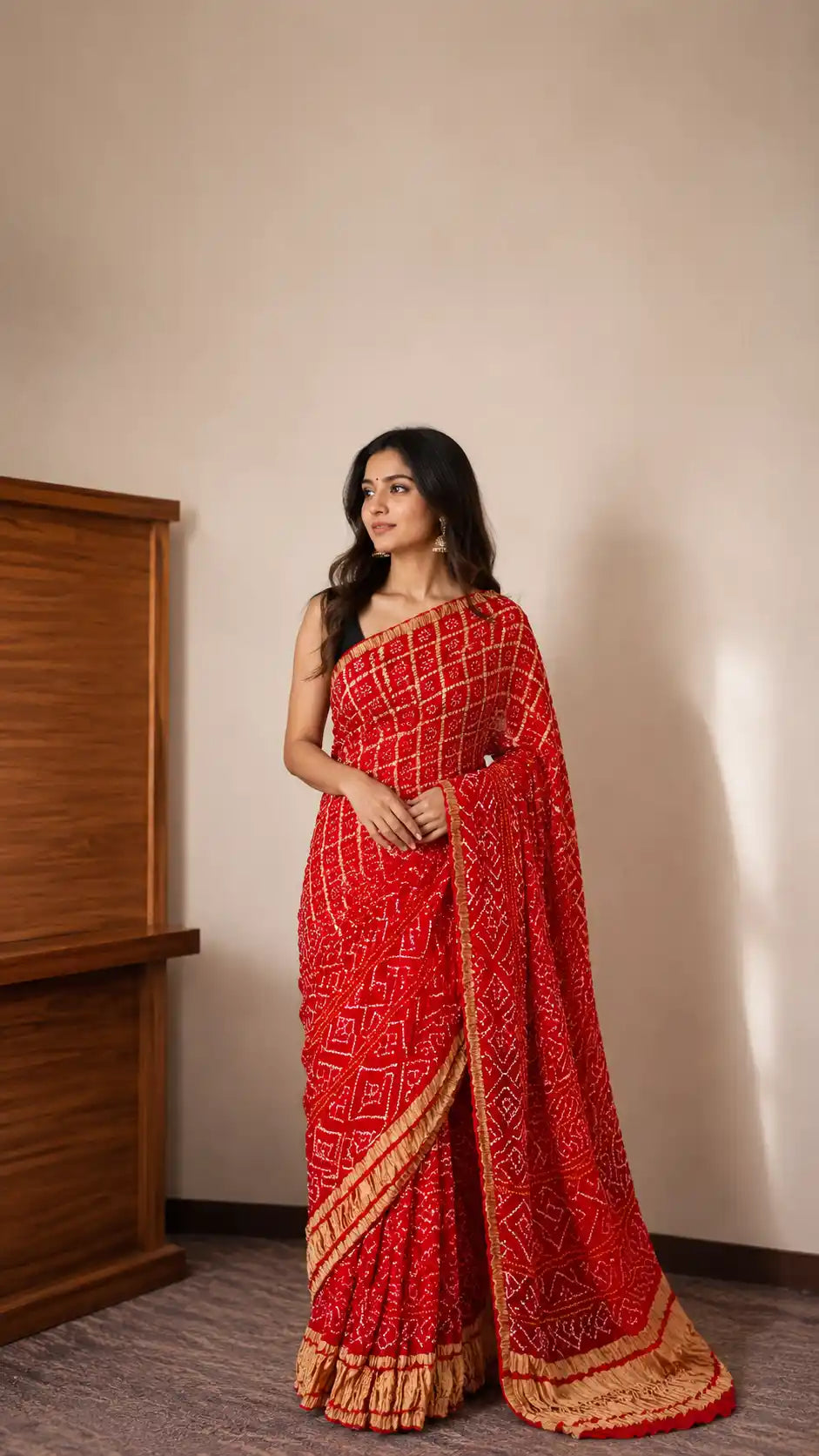 Gharchola Bandhej Saree in Gaji Silk in stunning shade of red