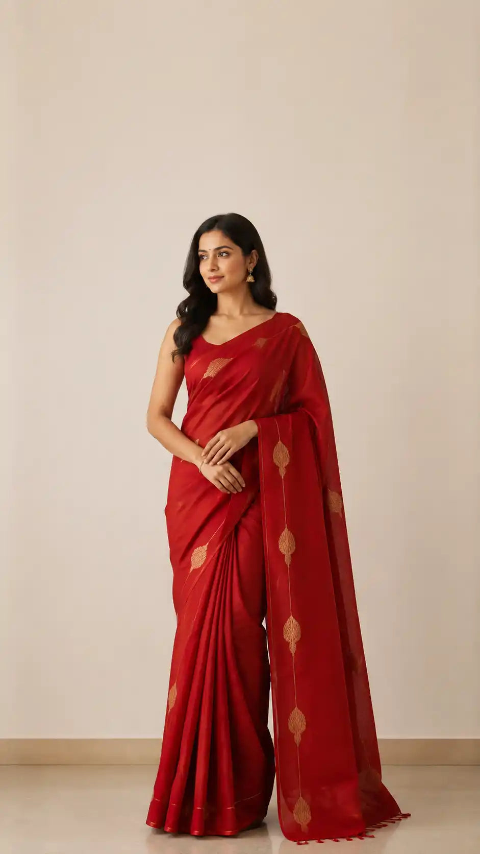Chanderi Silk Saree -Classic Red with Gold Buti & Zari Border
