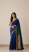 Chanderi Silk Saree -Blue with Gold Buti & Zari Border