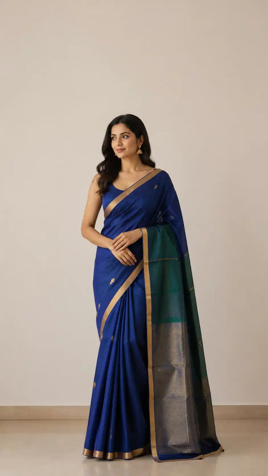 Chanderi Silk Saree -Blue with Gold Buti & Zari Border