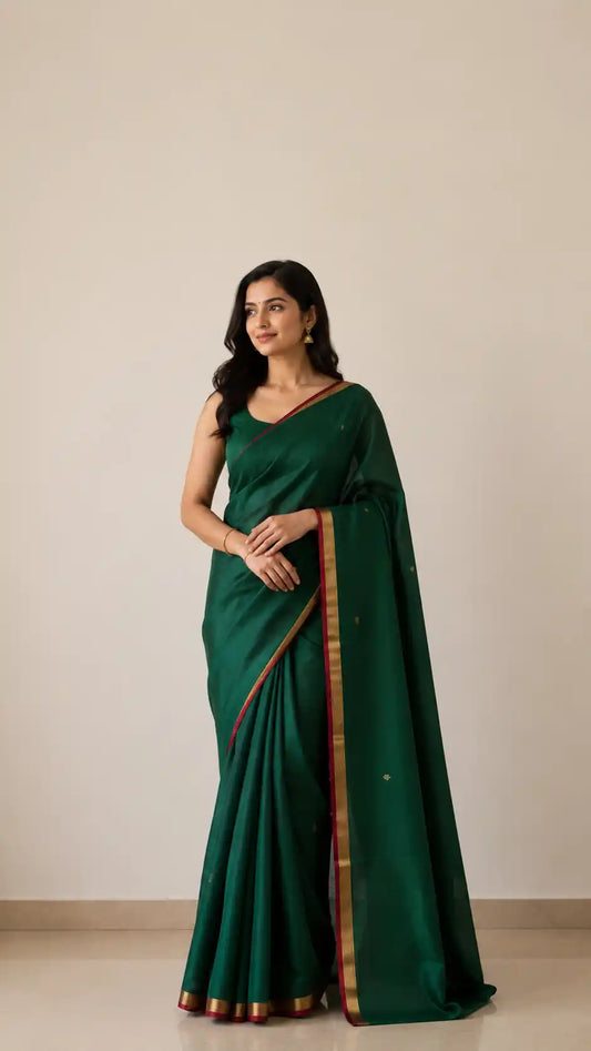 Chanderi Silk Saree -Green with Gold Buti & Zari Border