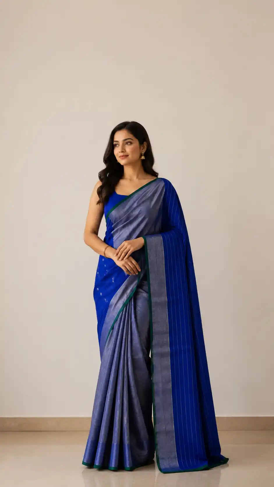 Chanderi Pattu Silk Saree – Royal Blue with Silver Buti & Green Border