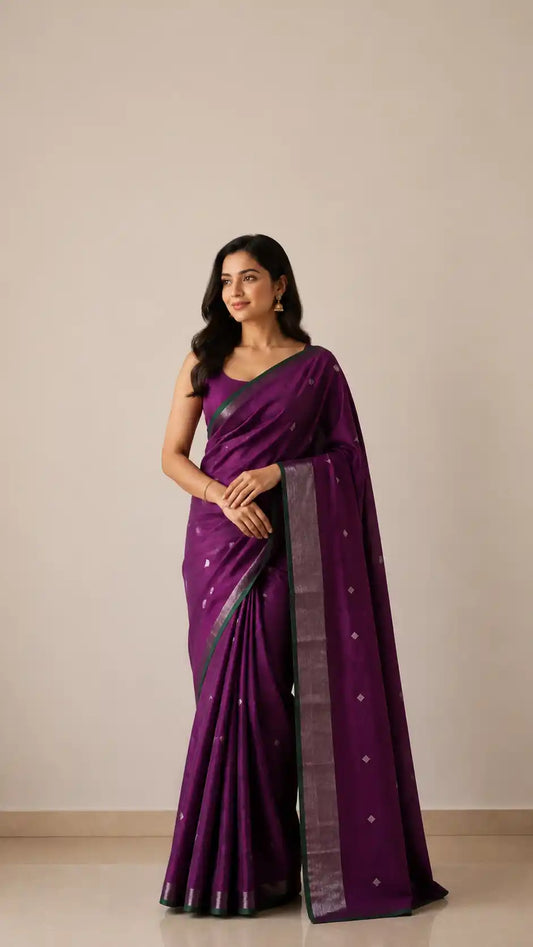 Chanderi Pattu Silk Saree – Purple with Silver Buti & Green Border