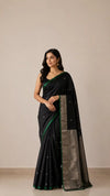 Chanderi Pattu Silk Saree – Black with Silver Buti & Green Border