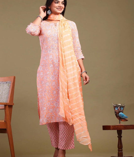 Peach Perfection Cotton Suit with Chiffon Dupatta