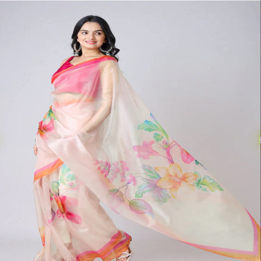 Floral Organza Saree | Pink Printed Ready to Wear Saree | Lightweight Organza with Contrast Border | Designer Floral Symphony Saree
