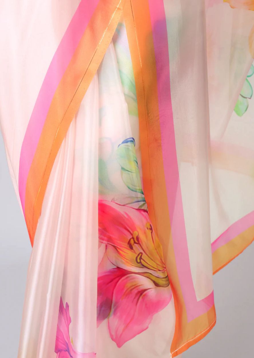 Floral Organza Saree | Pink Printed Ready to Wear Saree | Lightweight Organza with Contrast Border | Designer Floral Symphony Saree