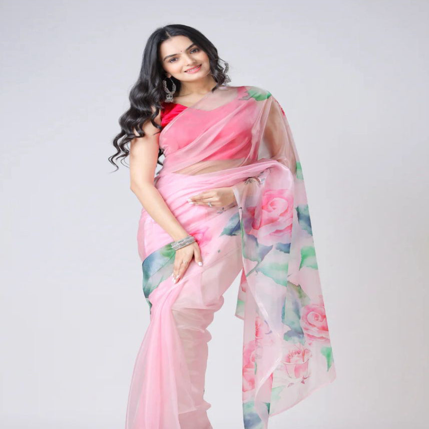 Rose Romance Lightweight Organza Saree | Floral Print Showstopper