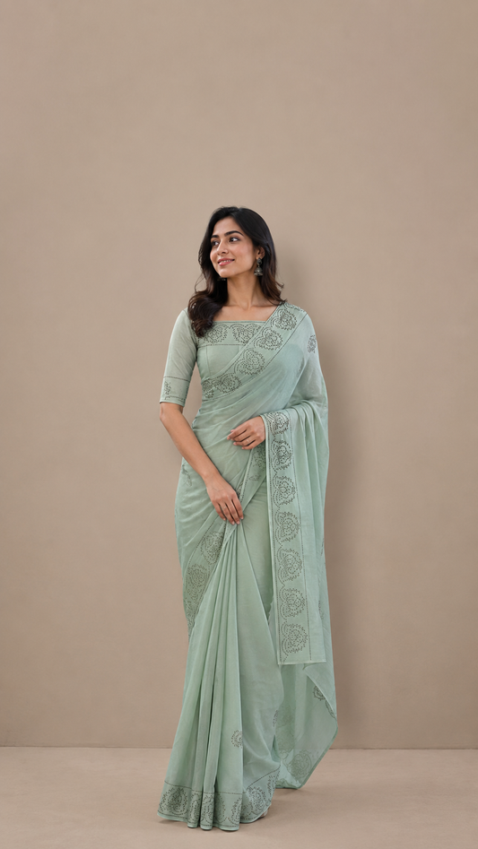 Pure Georgette Handloom Banarasi Saree with Swarovski Stone Work in Pastel Sage Green