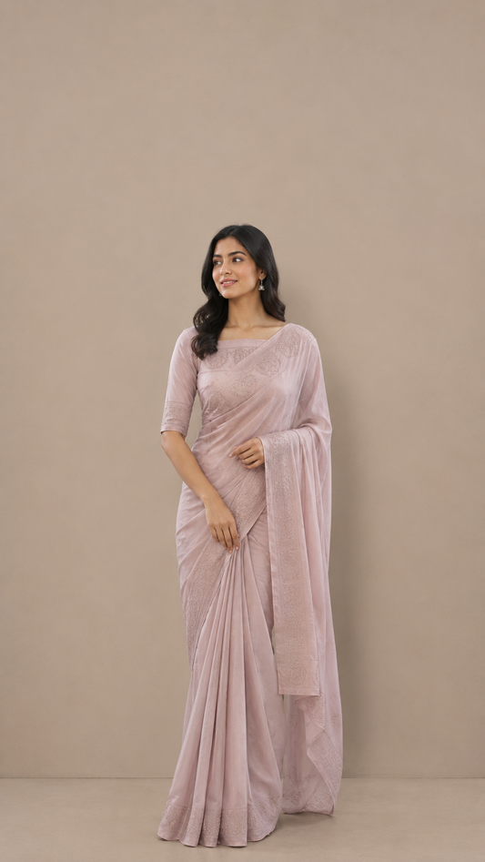 Pure Georgette Handloom Banarasi Saree with Swarovski Stone Work in Pastel Pink
