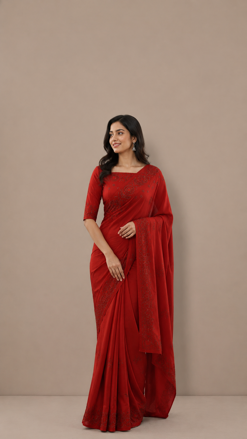 Pure Georgette Handloom Banarasi Saree with Swarovski Stone Work in Deep Red