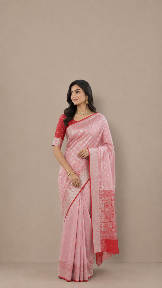Royal Pink and Red Banarasi Georgette saree with silver zari work