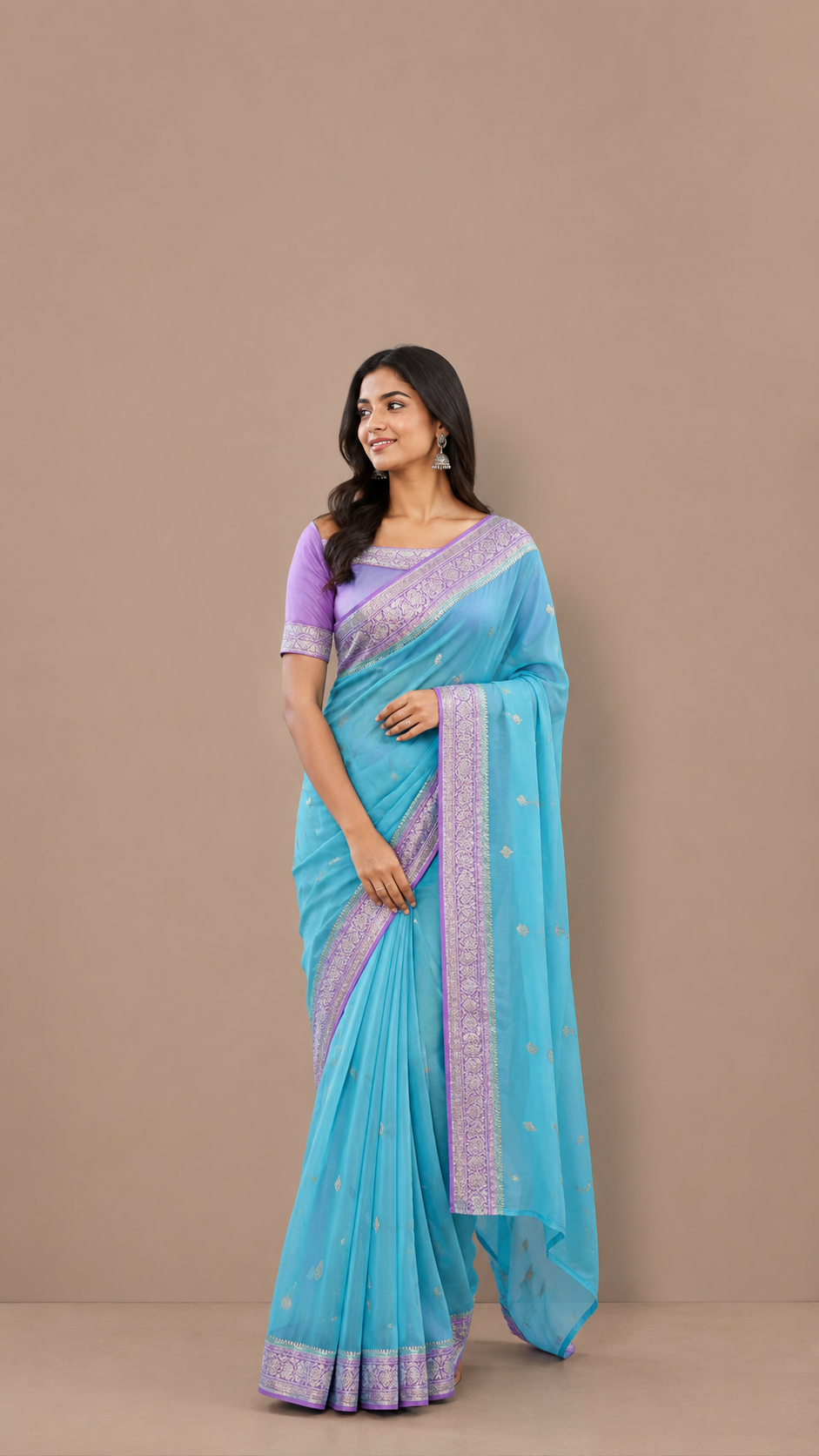 Blue and Pink Banarasi Georgette saree with silver zari work