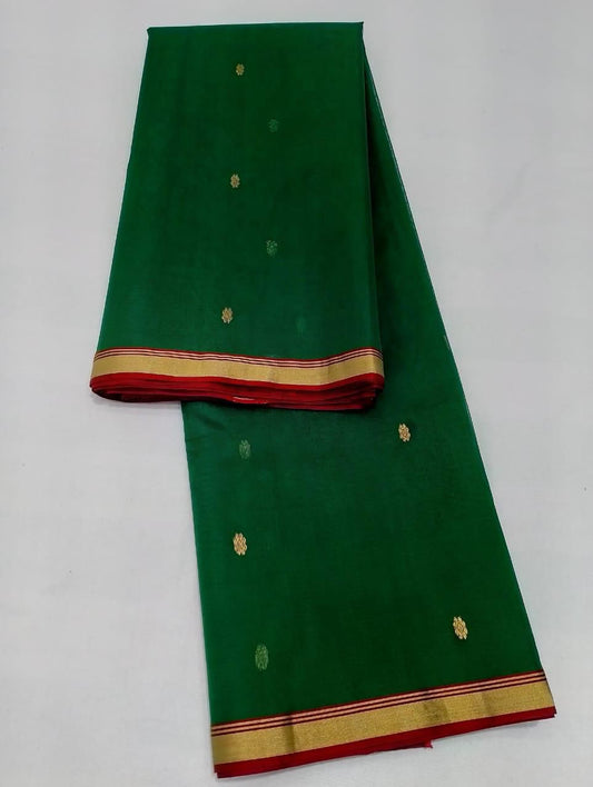 Chanderi Silk Saree -Green with Gold Buti & Zari Border