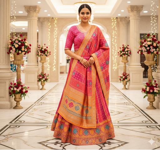 Lehenga- Pink & Orange-Crop Top-Stitched | Party Wear lehenga