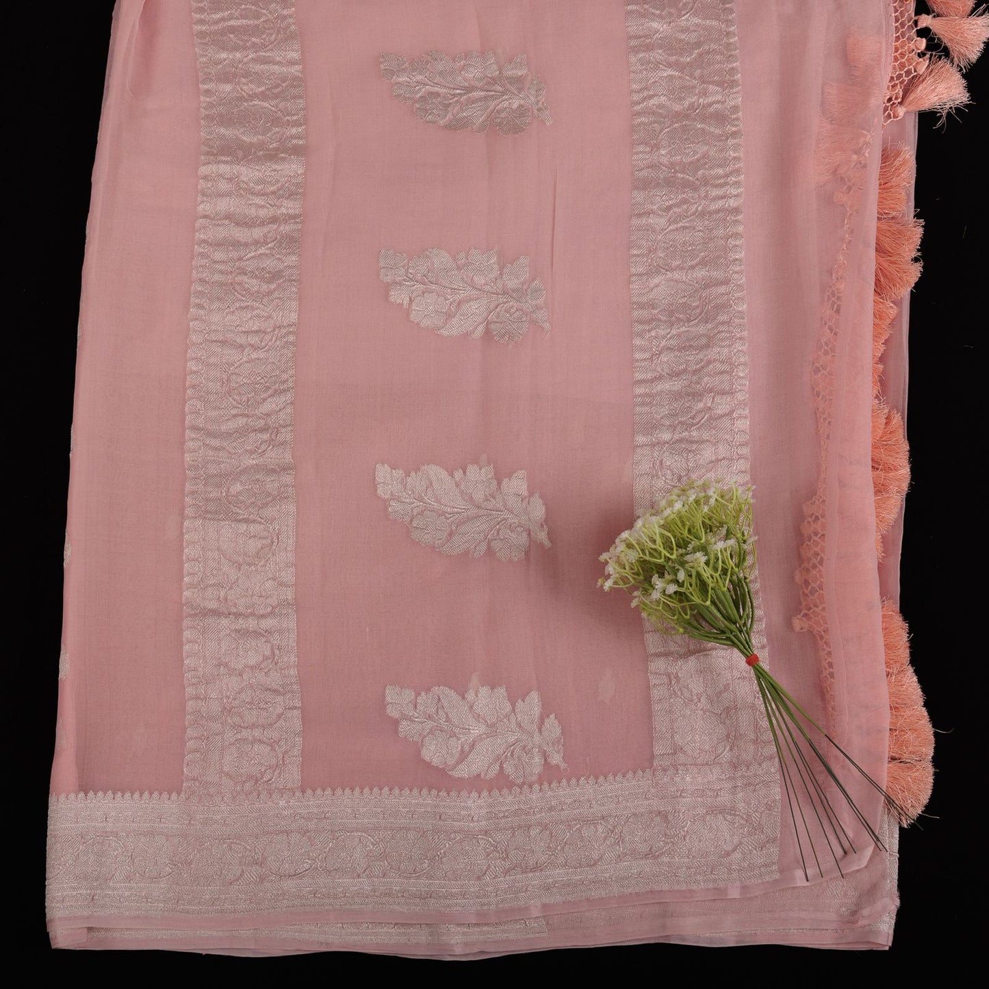 Pink Peach Pastel Banarasi Chiffon Saree with Silver Zari Border & Rich Tassels