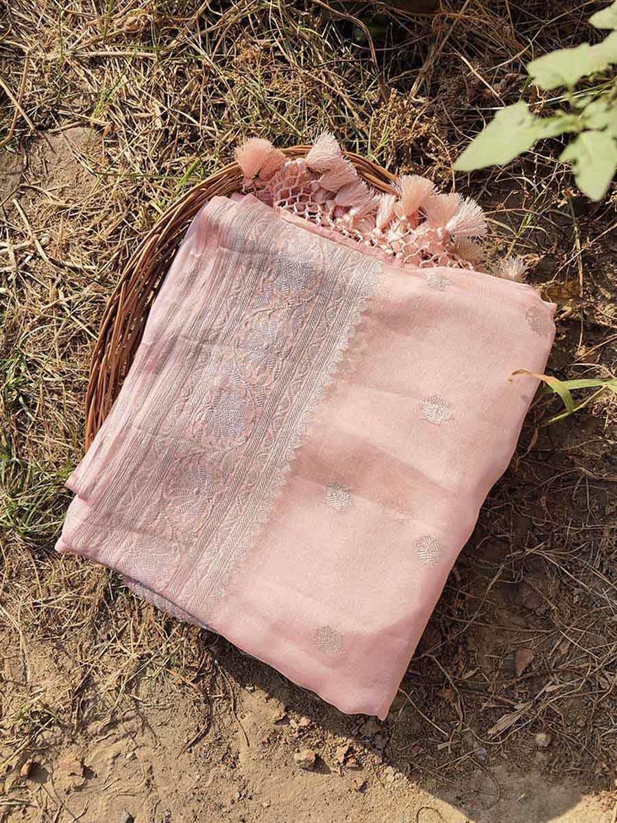 Pink Peach Pastel Banarasi Chiffon Saree with Silver Zari Border & Rich Tassels
