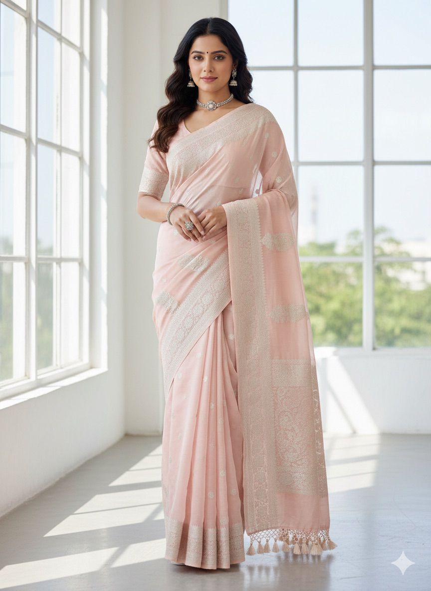Pink Peach Pastel Banarasi Chiffon Saree with Silver Zari Border & Rich Tassels