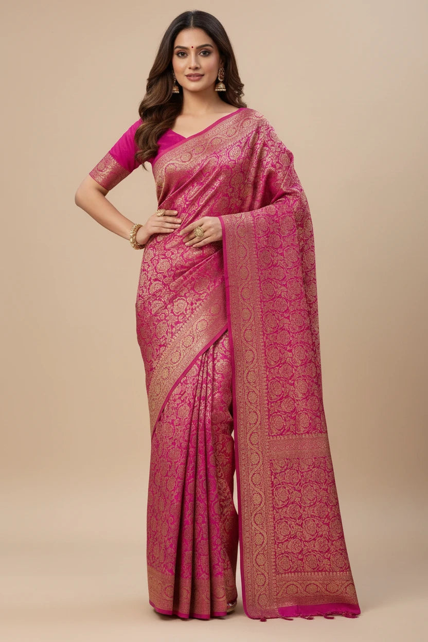 Pure Khaddi Crepe Georgette Banarasi Handloom Saree-Brocade in Royal Pink
