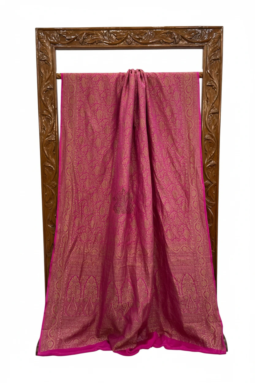 Pure Khaddi Crepe Georgette Banarasi Handloom Saree-Brocade in Royal Pink