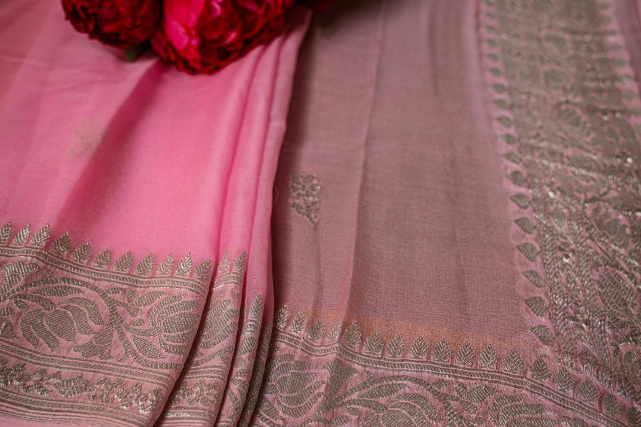 Pink Banarasi Georgette saree with silver zari work