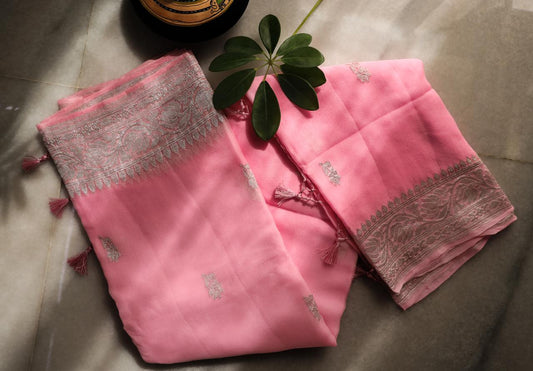 Pink Banarasi Georgette saree with silver zari work