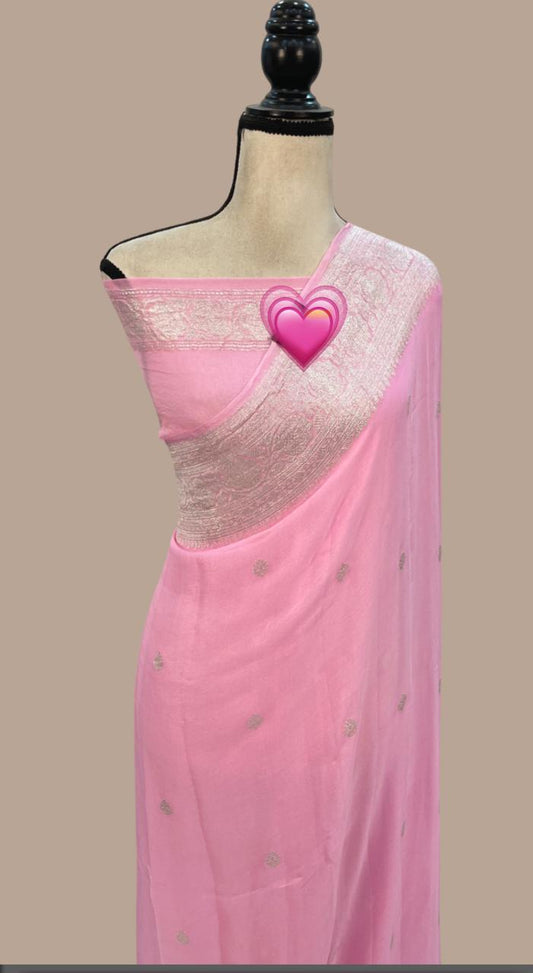 Pink Banarasi Georgette saree with silver zari work