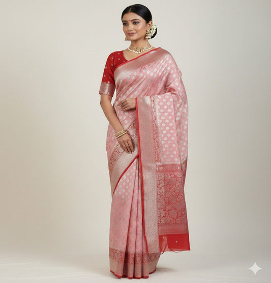 Royal Pink and Red Banarasi Georgette saree with silver zari work