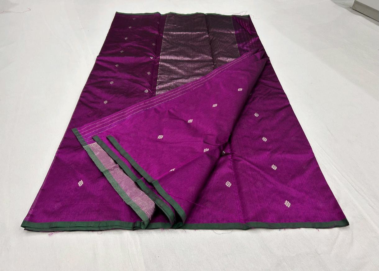 Chanderi Pattu Silk Saree – Purple with Silver Buti & Green Border