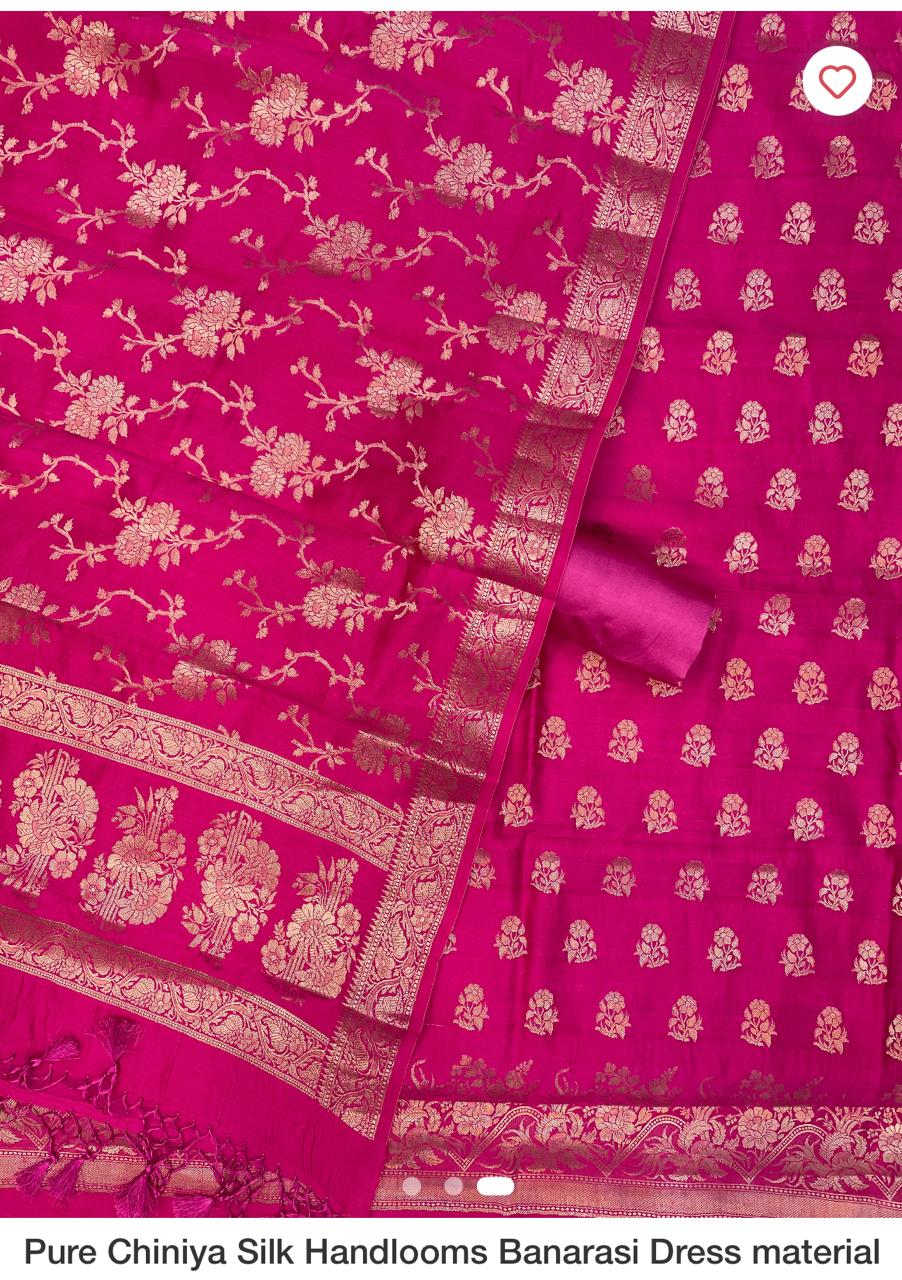 Rani Pink Chiniya Silk Handlooms Banarasi Dress material| 3 Piece Silk Suit Set | Wedding Special