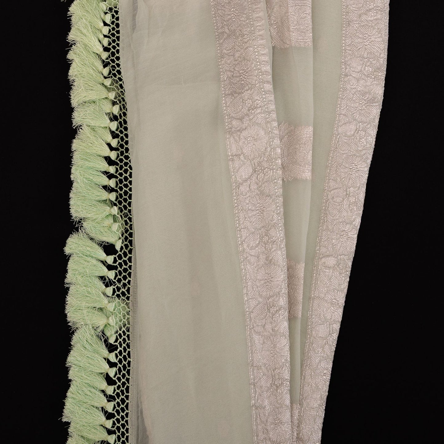 Sage Green Pastel Banarasi Chiffon Saree with Silver Zari Border & Rich Tassels