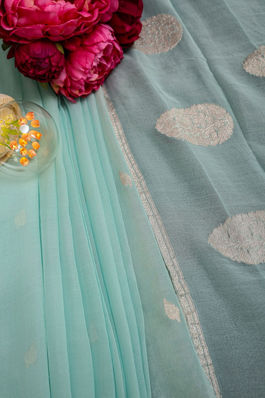 Pastel Blue Banarasi Chiffon Saree | Handloom Banarasi Silver Zari Buti Saree