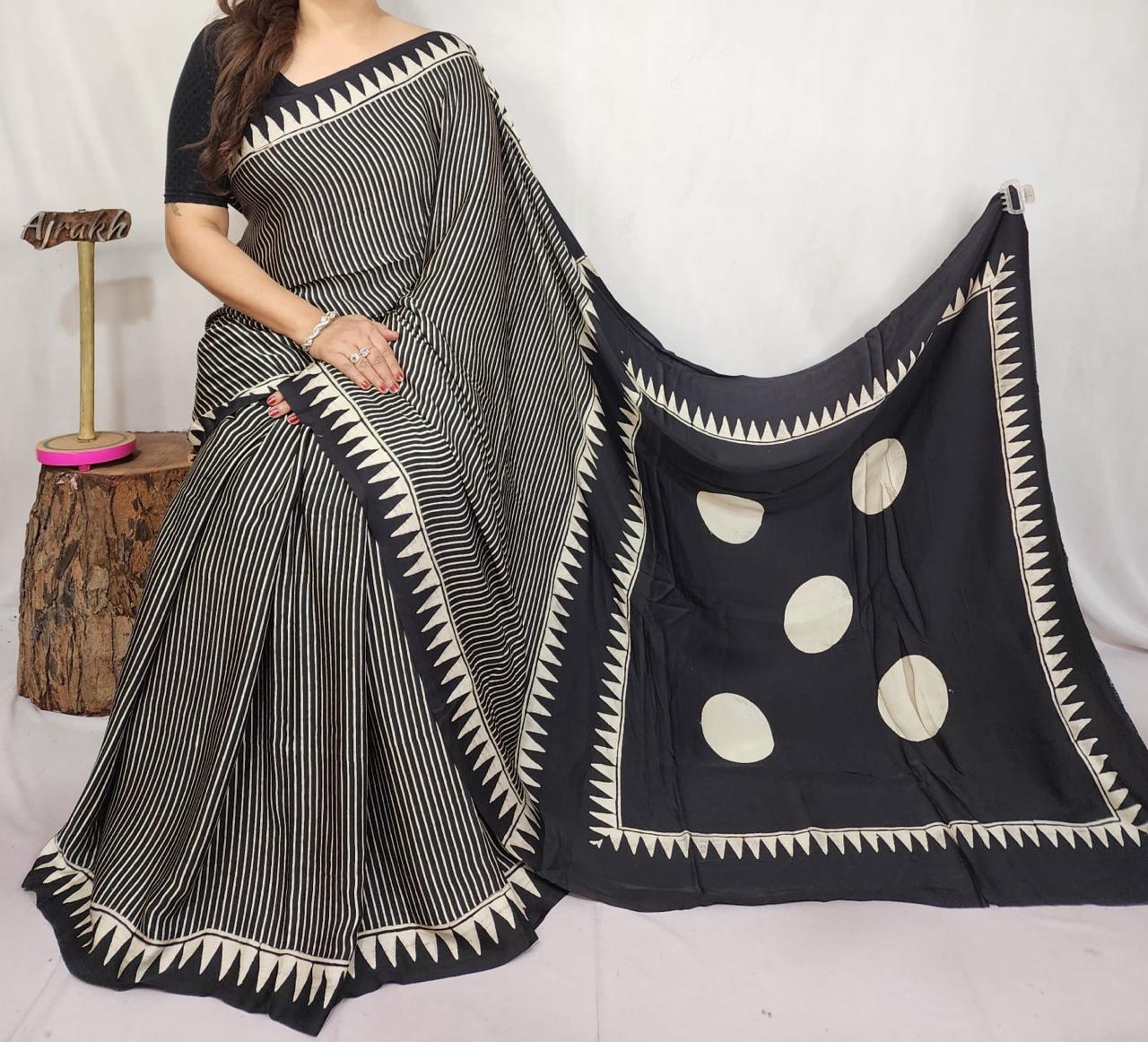 Black Stripes Ajrak Modal Silk Saree for Women | Hand Block Printed Silk Ajrak Modal Silk Saree