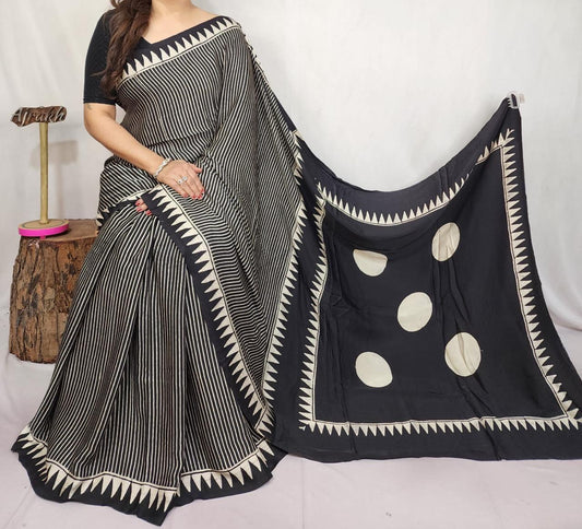 Black Stripes Ajrak Modal Silk Saree for Women | Hand Block Printed Silk Ajrak Modal Silk Saree