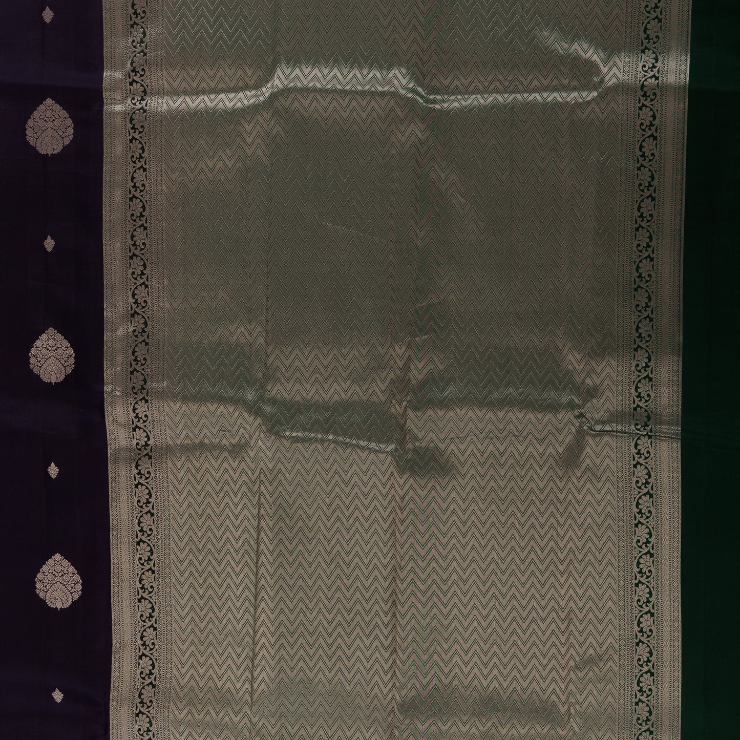 Purple Kanjivaram Silk Saree | Silver Zari Border | Contrast Green Blouse