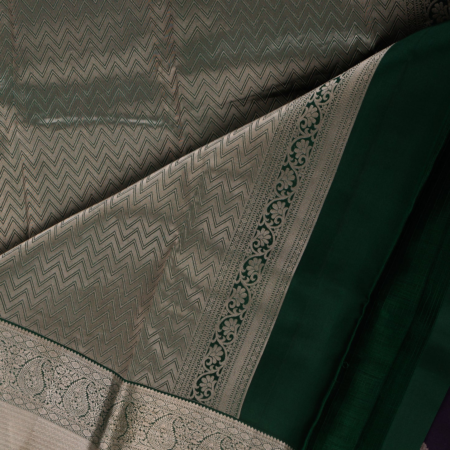 Purple Kanjivaram Silk Saree | Silver Zari Border | Contrast Green Blouse