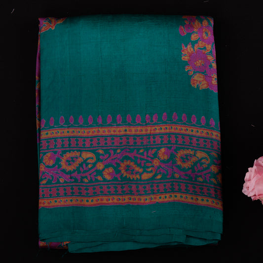 Teal Green Mulberry Silk Saree | Marron Hand Block Printed Designer Party Wear Saree