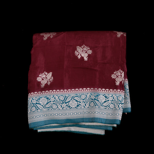 Wine and Blue Banarasi Semi Crepe Saree | Silver Zari Weaving Party Wear